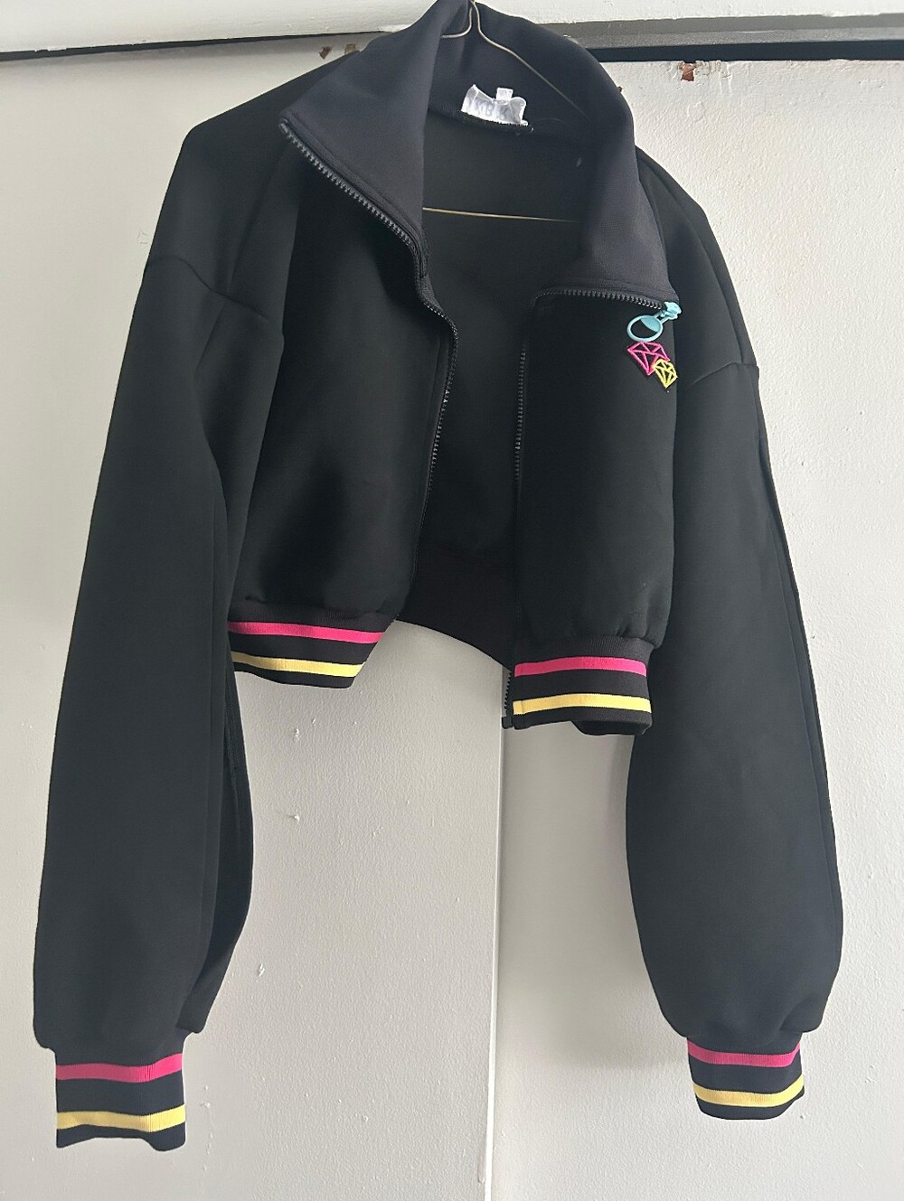 Kids Black Cropped Jacket with Color-Stripe Trim